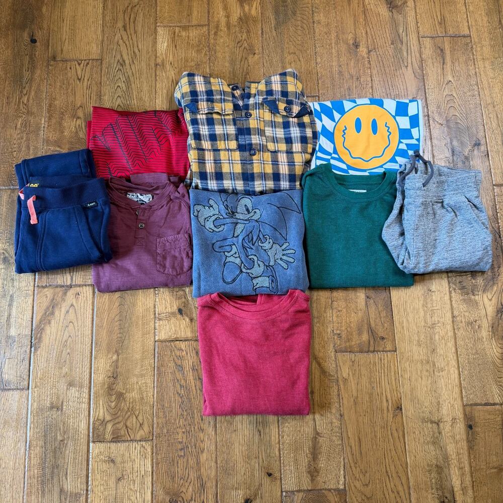 Lot of 9 Boys Winter Clothing Sz 6-7 Shirts, Pants, SONIC, Nike, Sweats, Thermal